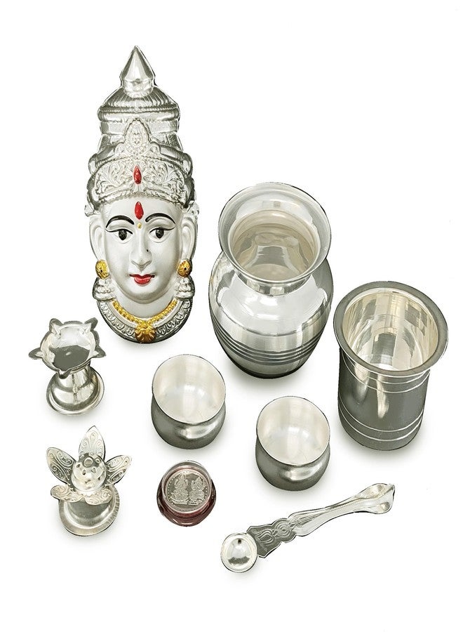 BENGALEN مجموعة BENGALEN Pooja thali مطلية بالفضة مع تمثال Varalakshmi Devi Mukhota Idol لمهرجان Varamahalakshmi Puja Thali هدايا - Image 3